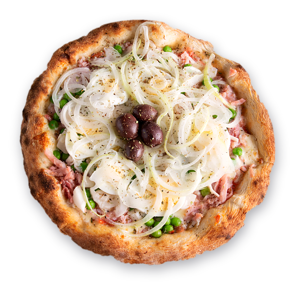 Pizza Portuguesa da Pizza da Torre, com muçarela, presunto, ervilhas, ovos e cebola, assada no forno a lenha